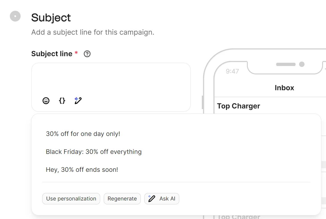 Email subject line input box with three suggested subject lines about 30% off Black Friday deals displayed below.