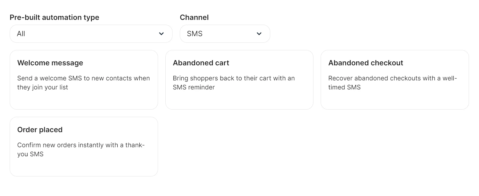A dashboard displays SMS automation options: Welcome message, Abandoned cart, Abandoned checkout, and Order placed.