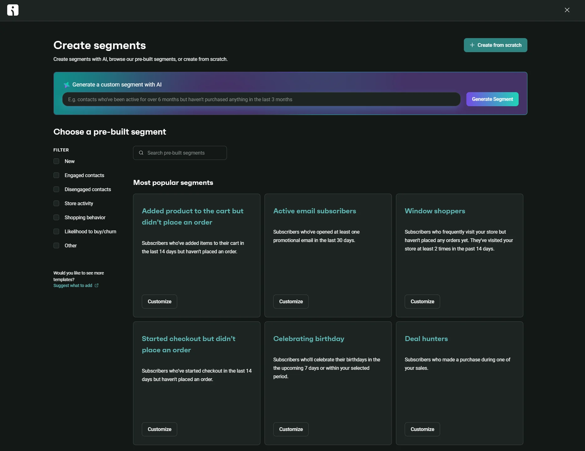 A web interface for creating customer segments, showing options for pre-built and custom segments on a dark background.