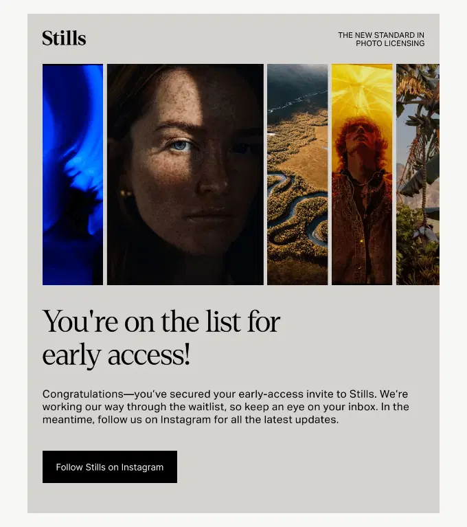 A collage of four photos with early access invitation text for a photo licensing platform called Stills.