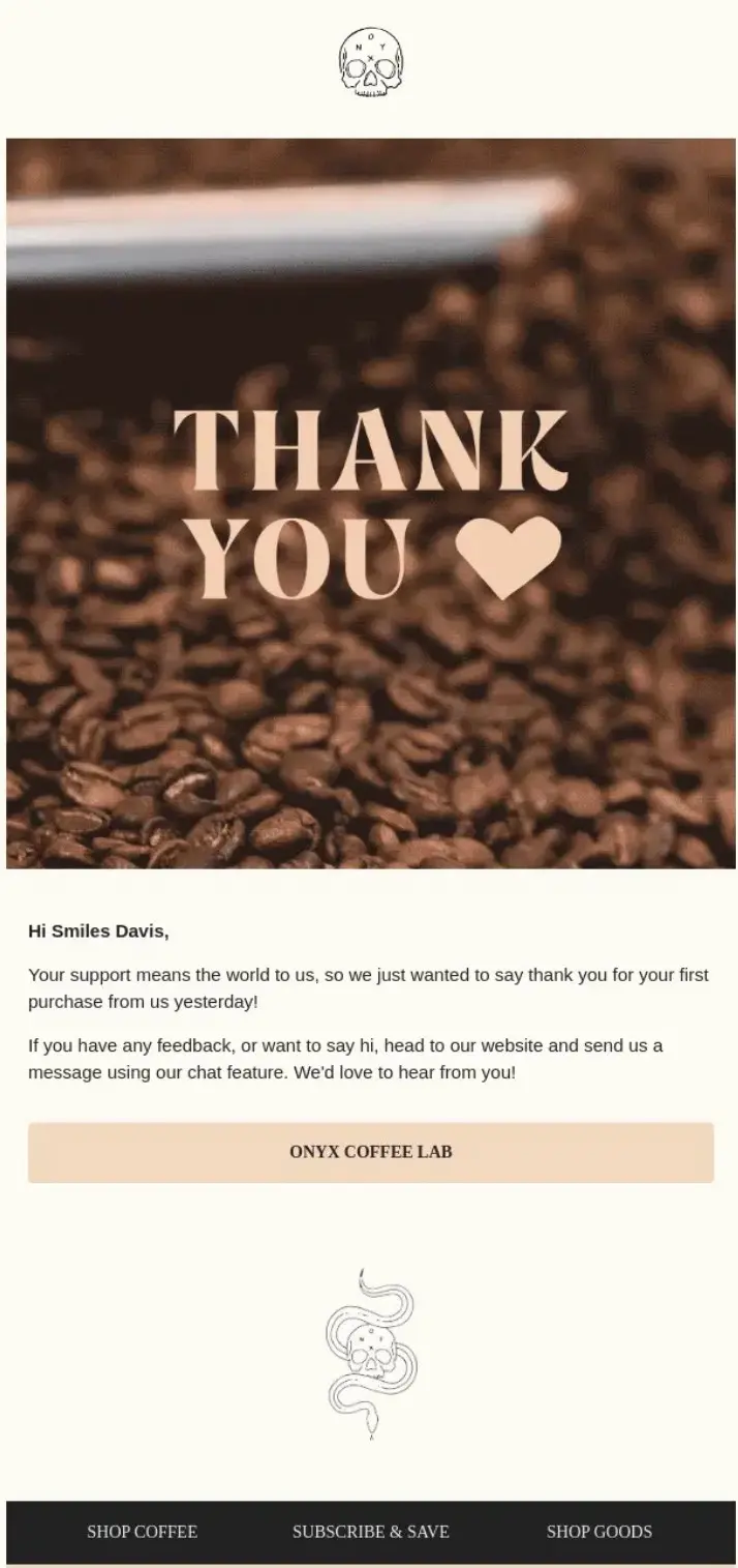 Coffee beans background with Thank You text and a heart symbol; message of appreciation from Onyx Coffee Lab.