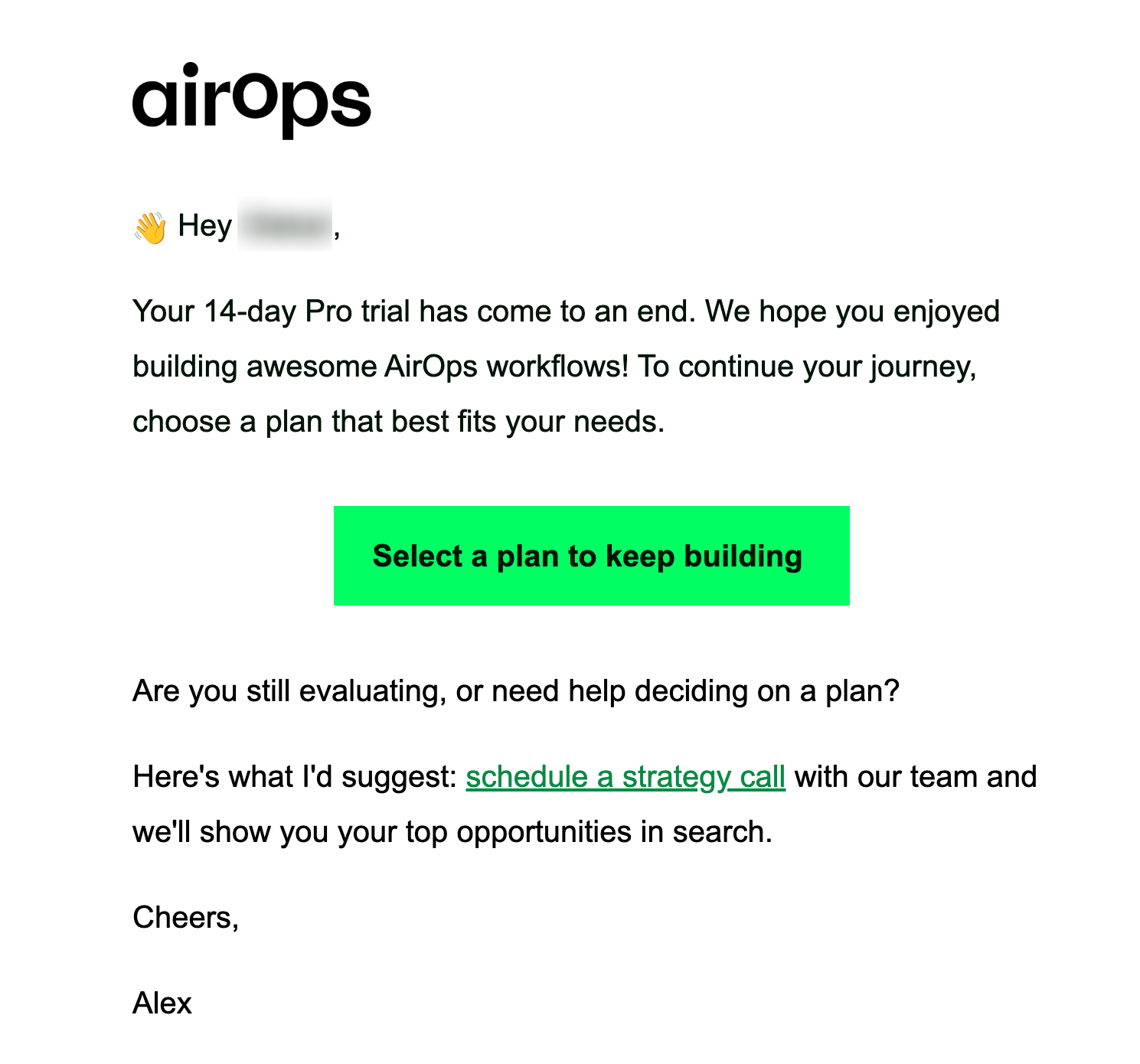 AirOps email notifies user that their 14-day Pro trial ended and prompts them to select a plan to continue.