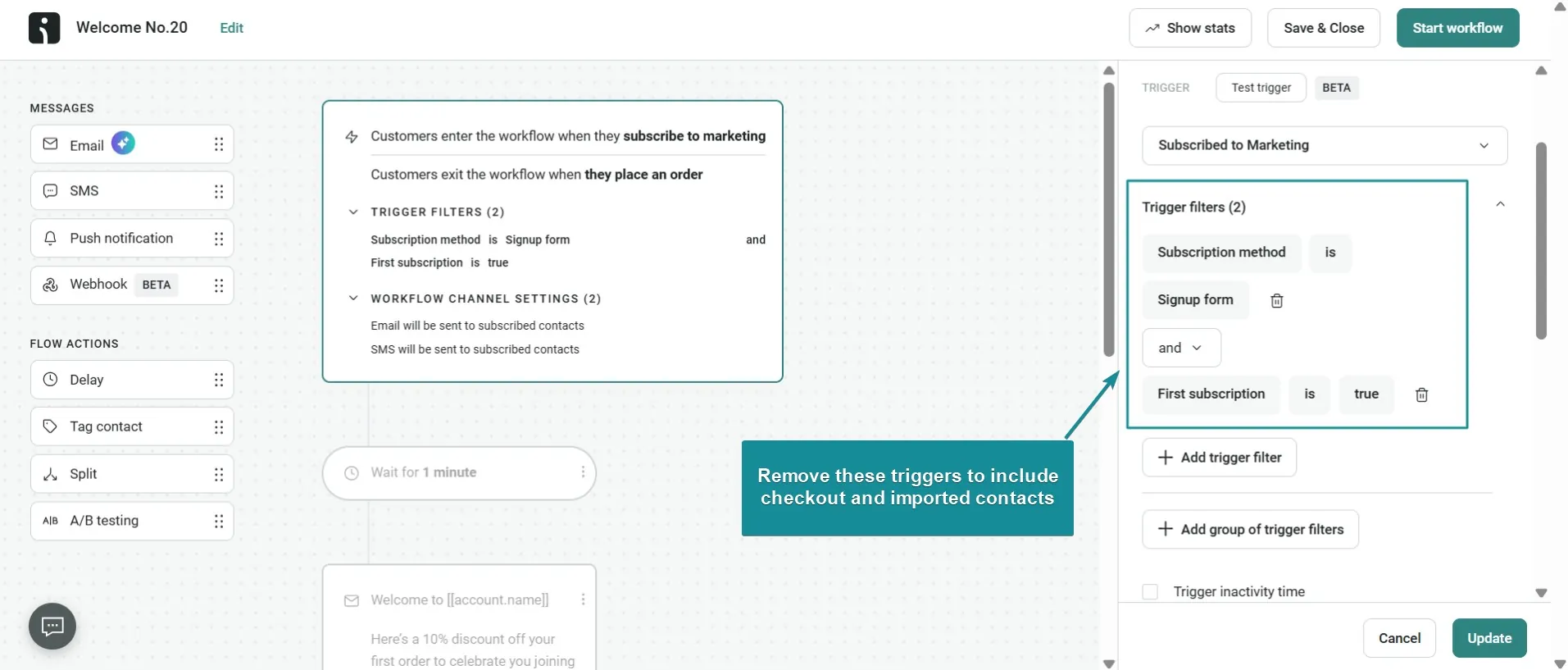 A workflow editor screen shows trigger filters for a marketing subscription, with an instructional tooltip about triggers.