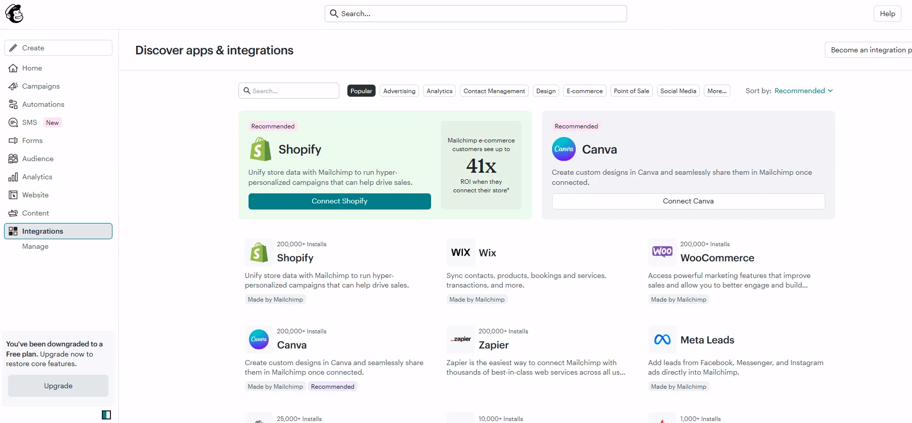 Mailchimp integrations page showing recommended apps like Shopify, Canva, Wix, WooCommerce, and more with connect buttons.