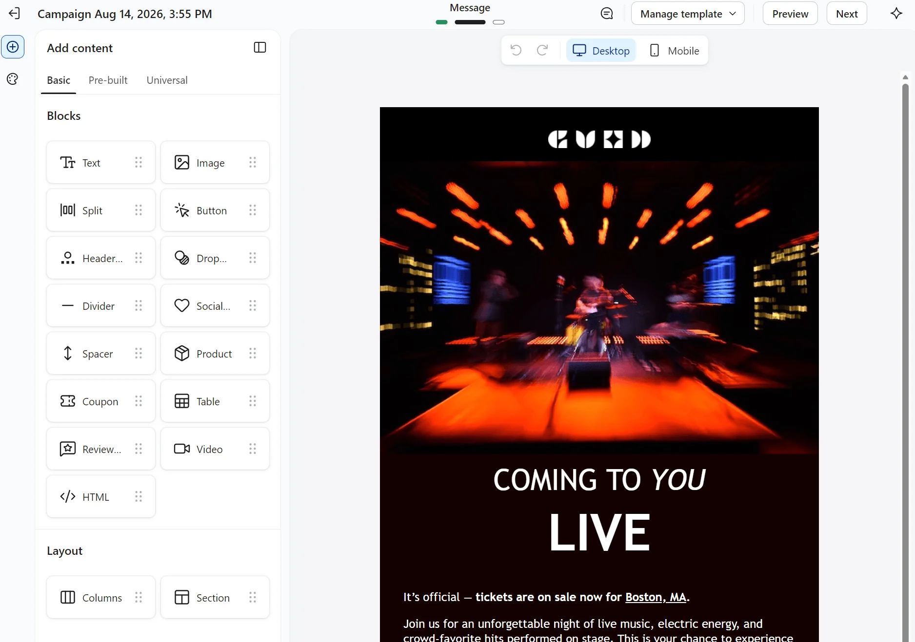 Email settings on the left and a blurred concert stage with bright lights and COMING TO YOU LIVE text in white at the bottom on the right.