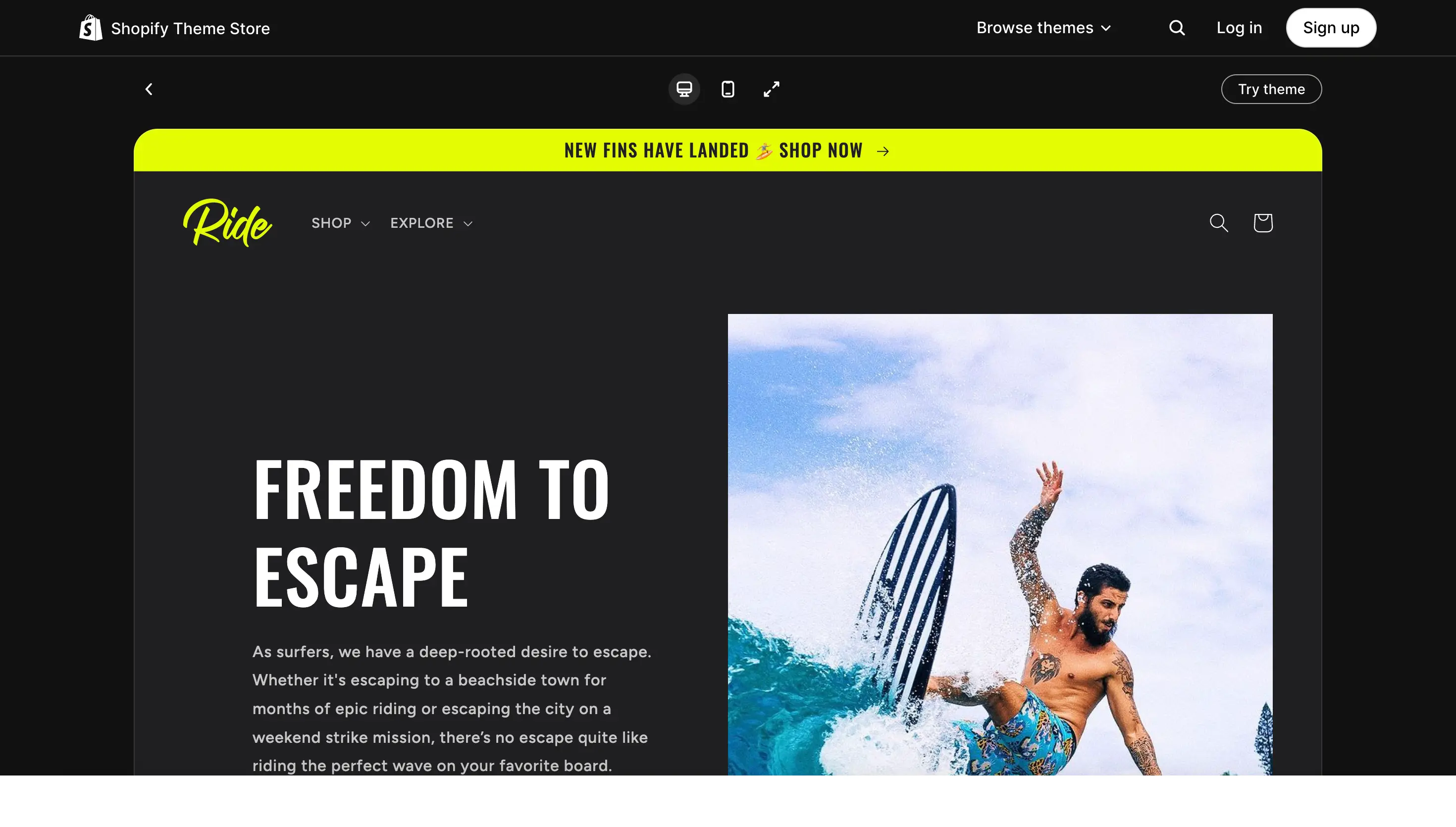 Ride theme preview. Image via Shopify Theme Store. Surfers crave escape—riding epic waves or finding peace on boards, the urge to roam never fades.