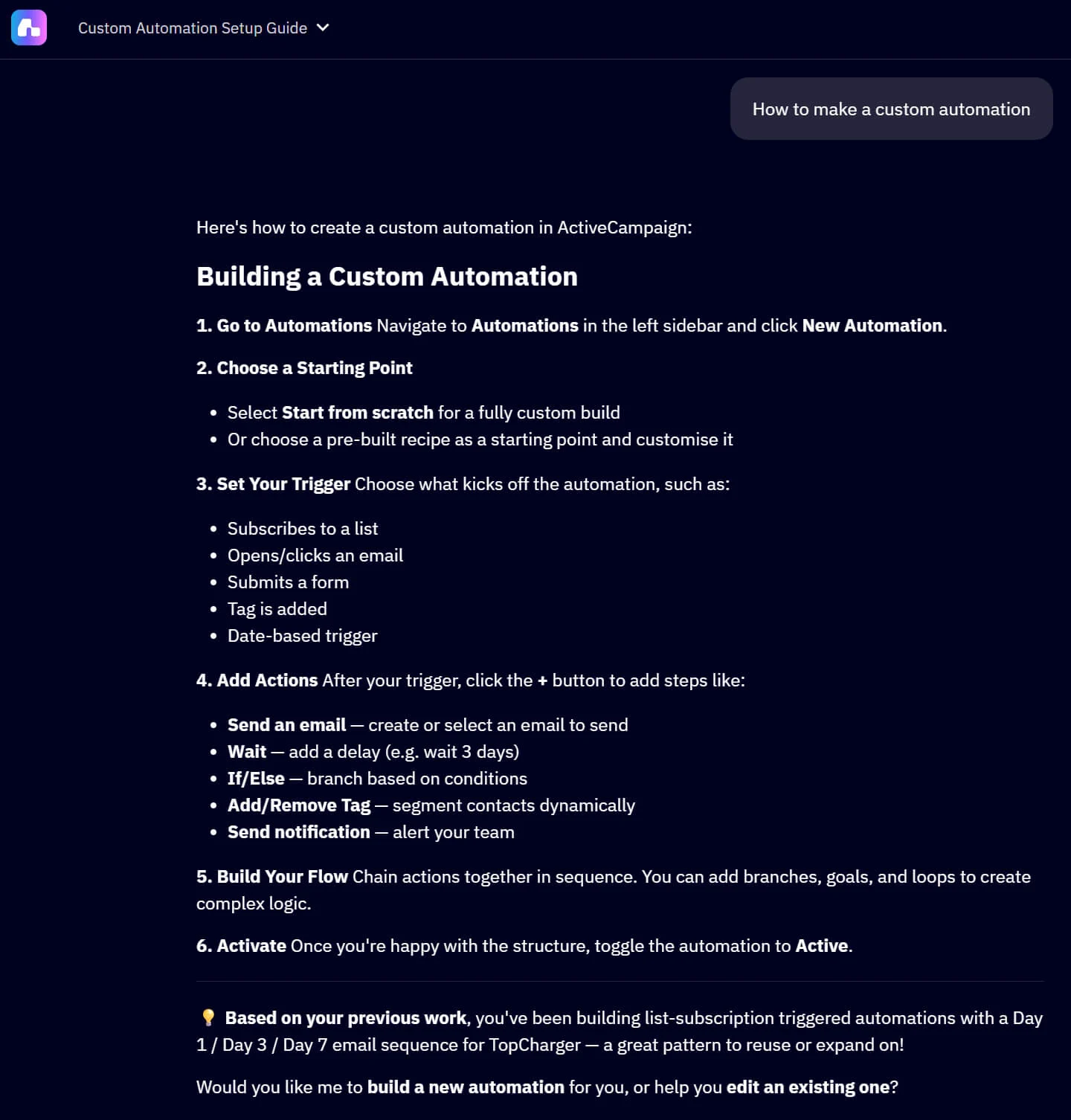 Instructions for creating a custom automation in ActiveCampaign, listing detailed step-by-step guidance.