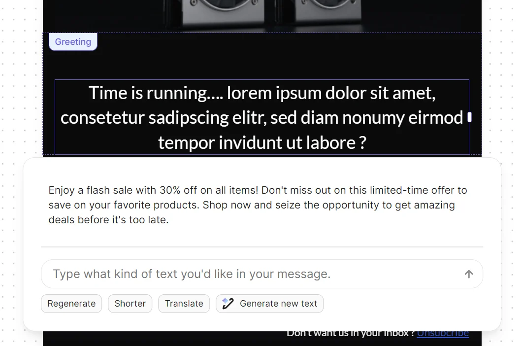 A promotional message offers 30% off all items, urging customers to shop now before the deal ends.
