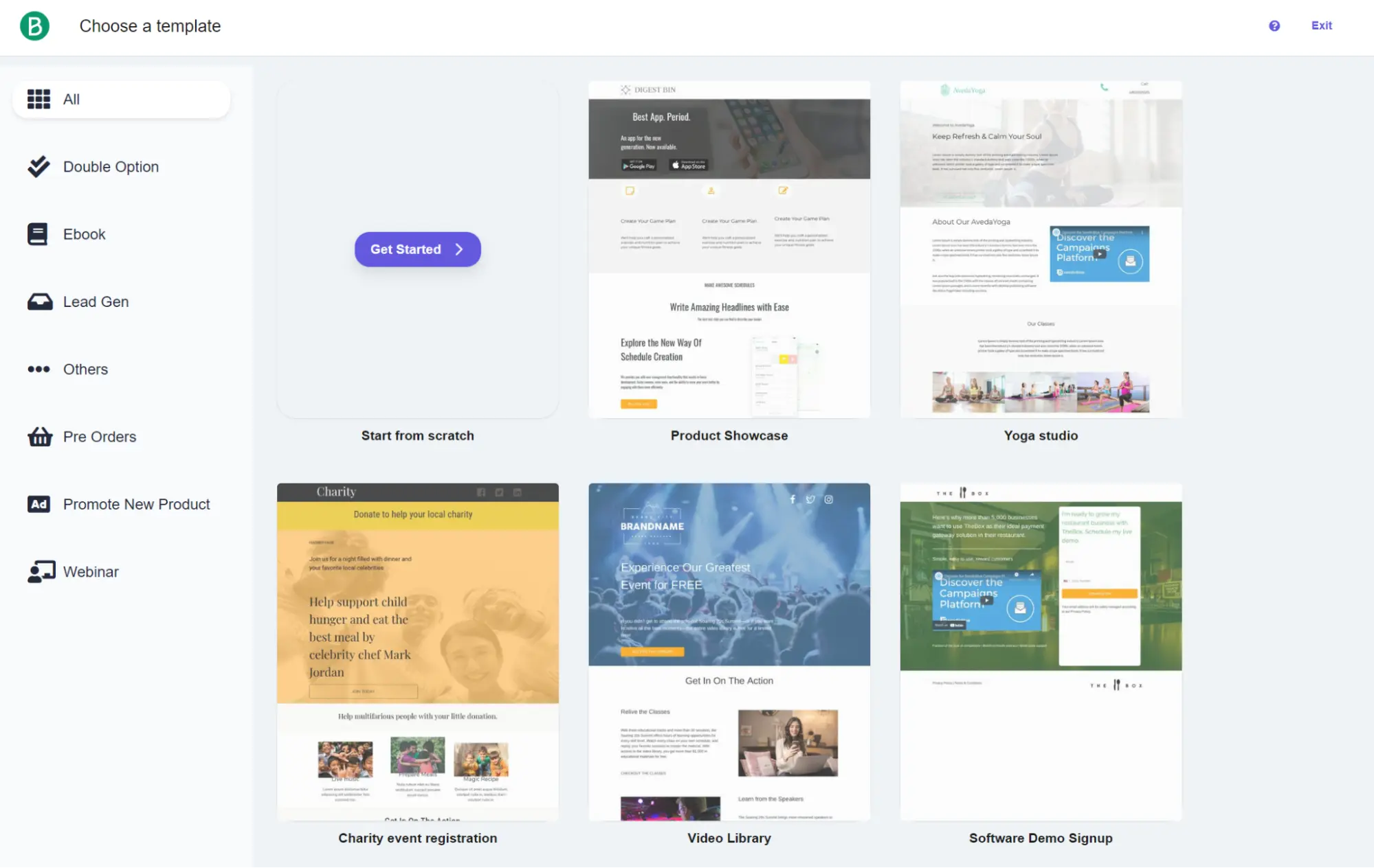Users can select landing page templates, including Charity, Yoga studio, Video Library, and more.