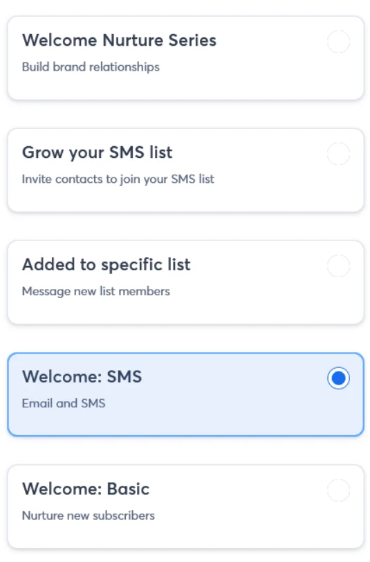 A list of messaging options with Welcome: SMS selected; others include nurture and SMS list options.