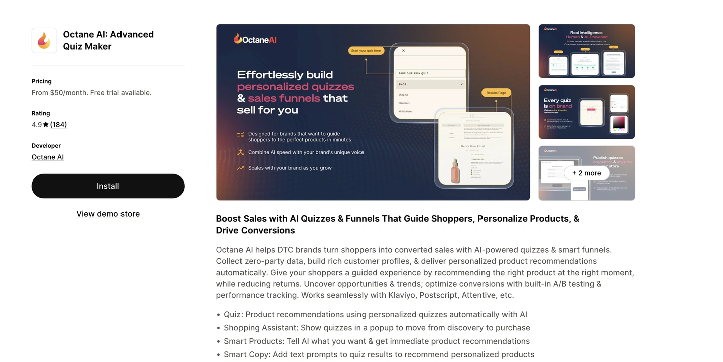 A webpage showing Octane AI, a tool for building personalized quizzes and sales funnels for online shopping.