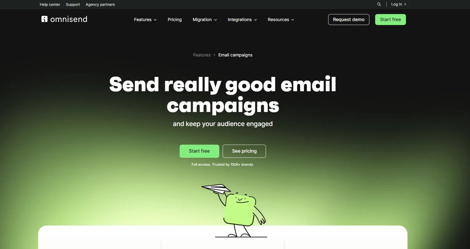 Omnisend page promoting email campaigns, with a green background and a cartoon character holding a paper airplane.