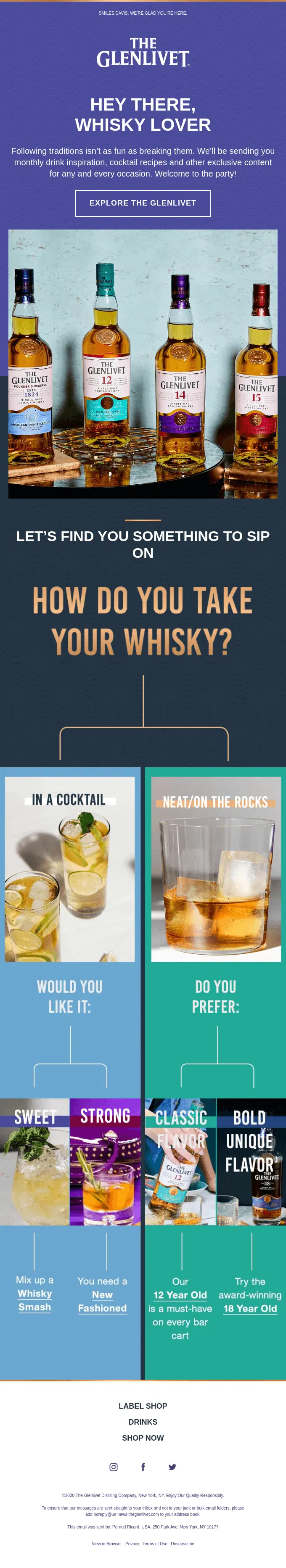 Four Glenlivet whisky bottles are displayed above a flowchart showing whisky selection based on taste and serving preference.