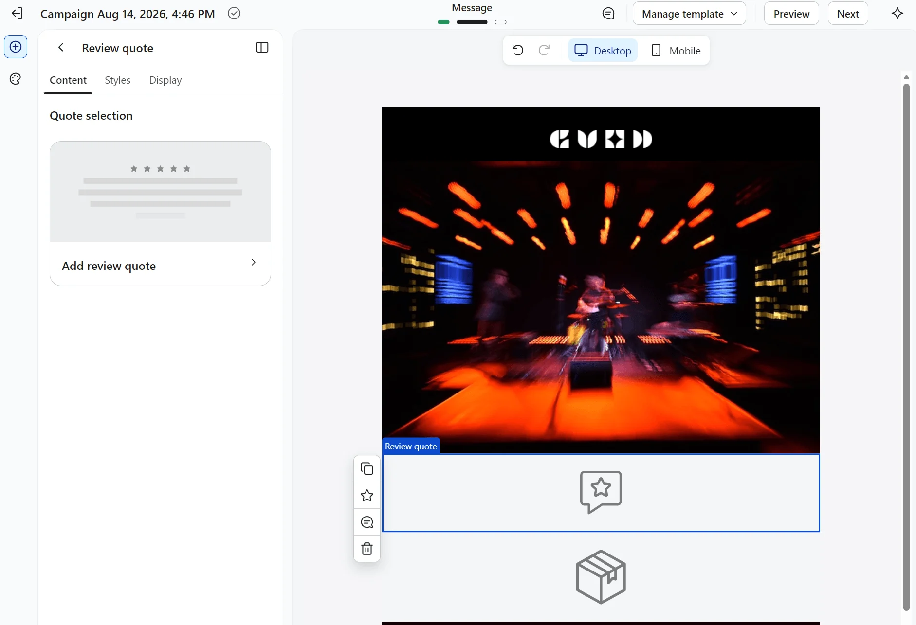 Quote selection on the left and a blurred concert stage with bright lights and COMING TO YOU LIVE text in white at the bottom on the right.
