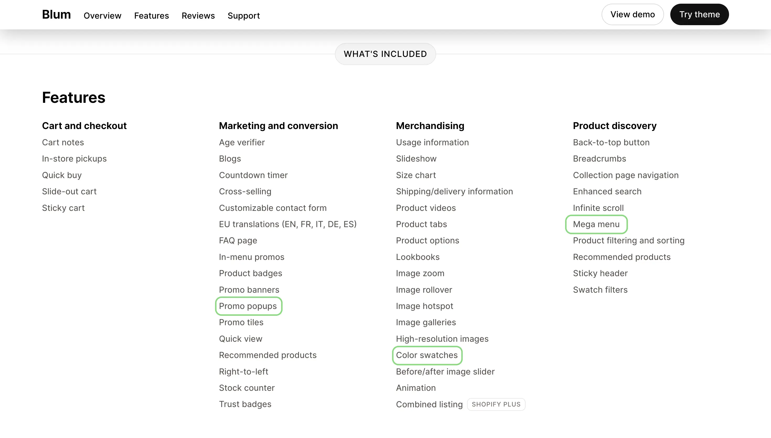 A website page lists features for Blum, organized under Cart, Marketing, Merchandising, and Product discovery categories.