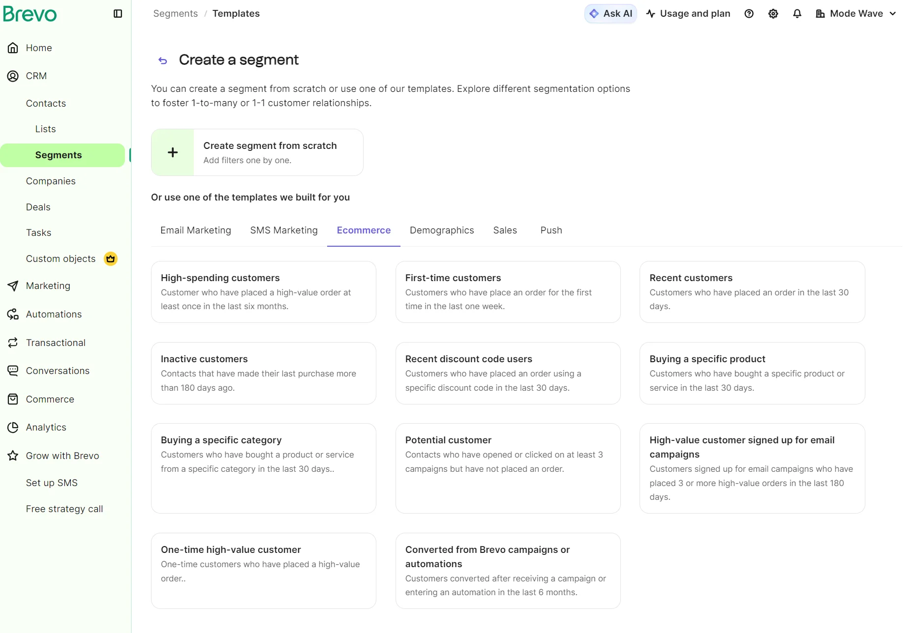Brevo segmentation template page showing options to create customer segments, such as first-time or inactive customers.