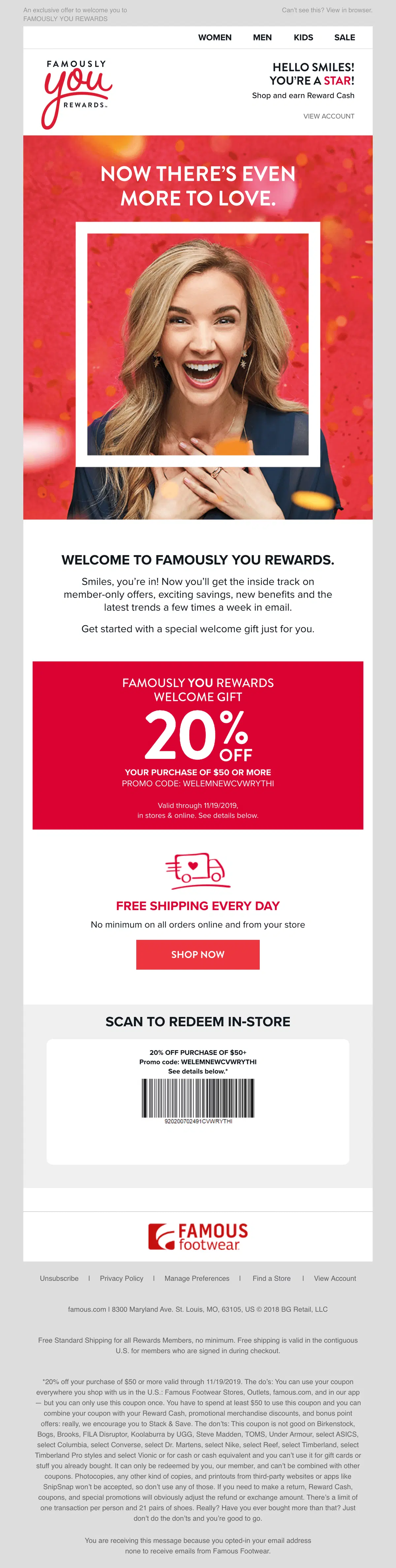 Famously You email with text that promotes 20% off welcome offer and free shipping for Famously You Rewards members.