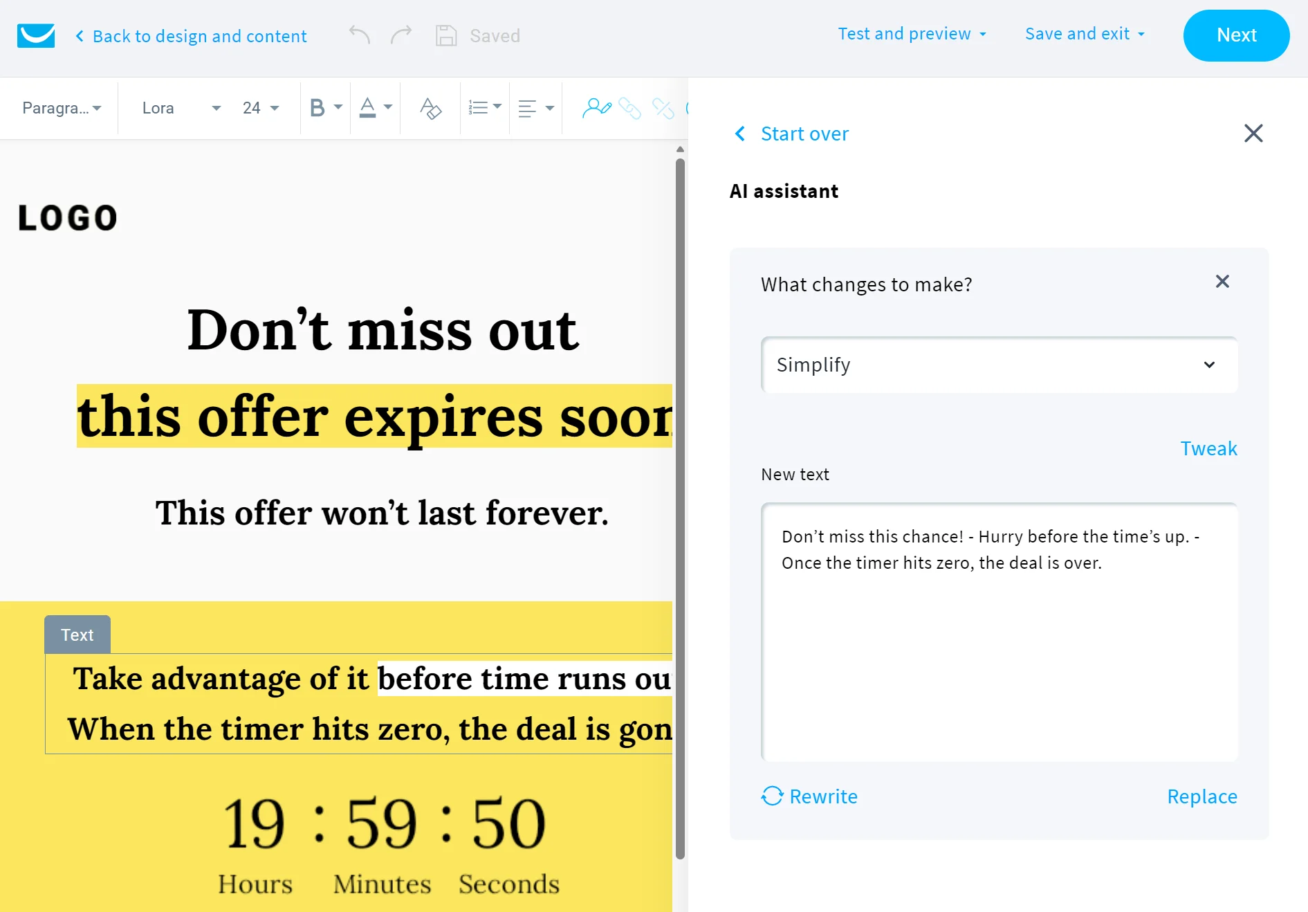 An email editor showing a highlighted offer expires soon message and a countdown timer.