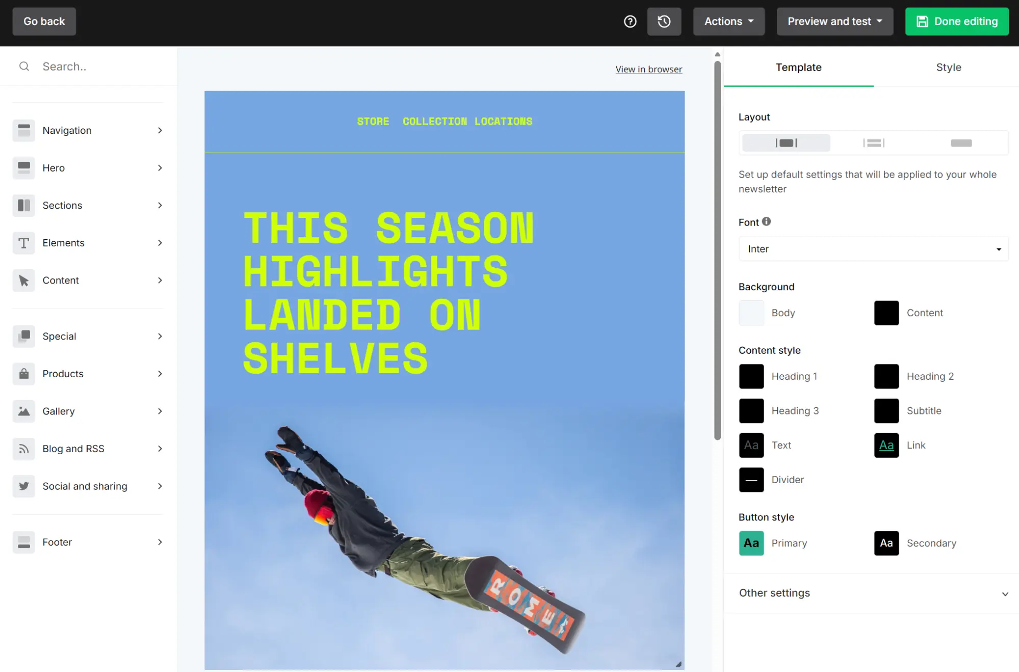 Email editor interface showing right-hand and left-hand sidebars for customizing the email.