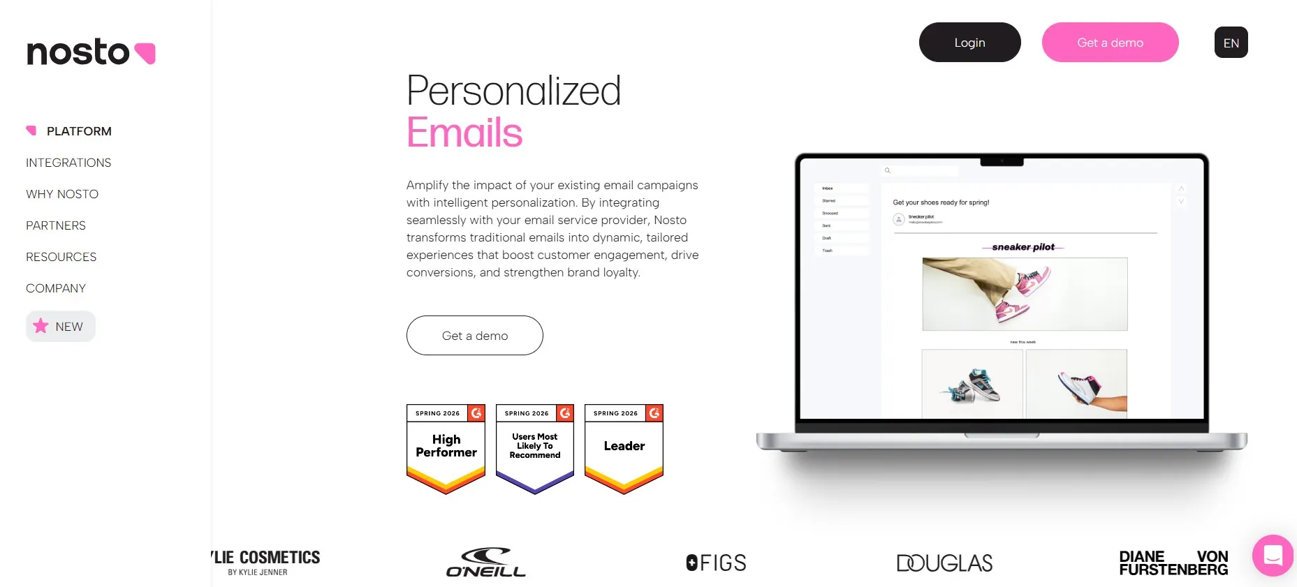A laptop displays an email marketing platform; text highlights personalized email campaigns and demo options.