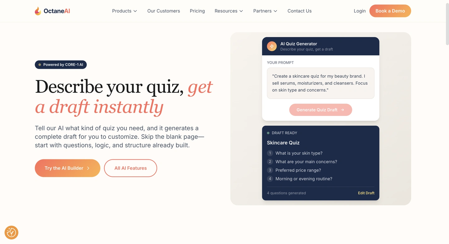 A website page for a quiz generator tool showing a quiz creation prompt and a sample skincare quiz draft on the right.