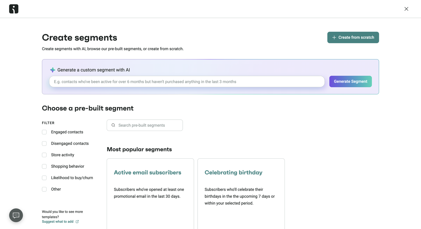 Create segments page showing options to generate a custom segment with AI or choose from popular pre-built segments.