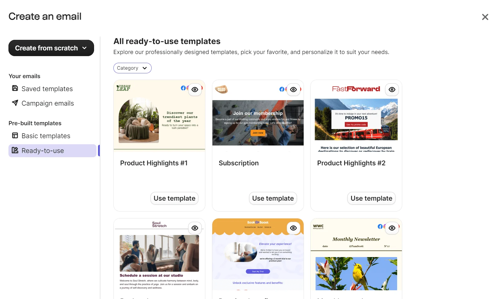 Email template selection screen showing various ready-to-use email templates with preview images and Use template buttons.