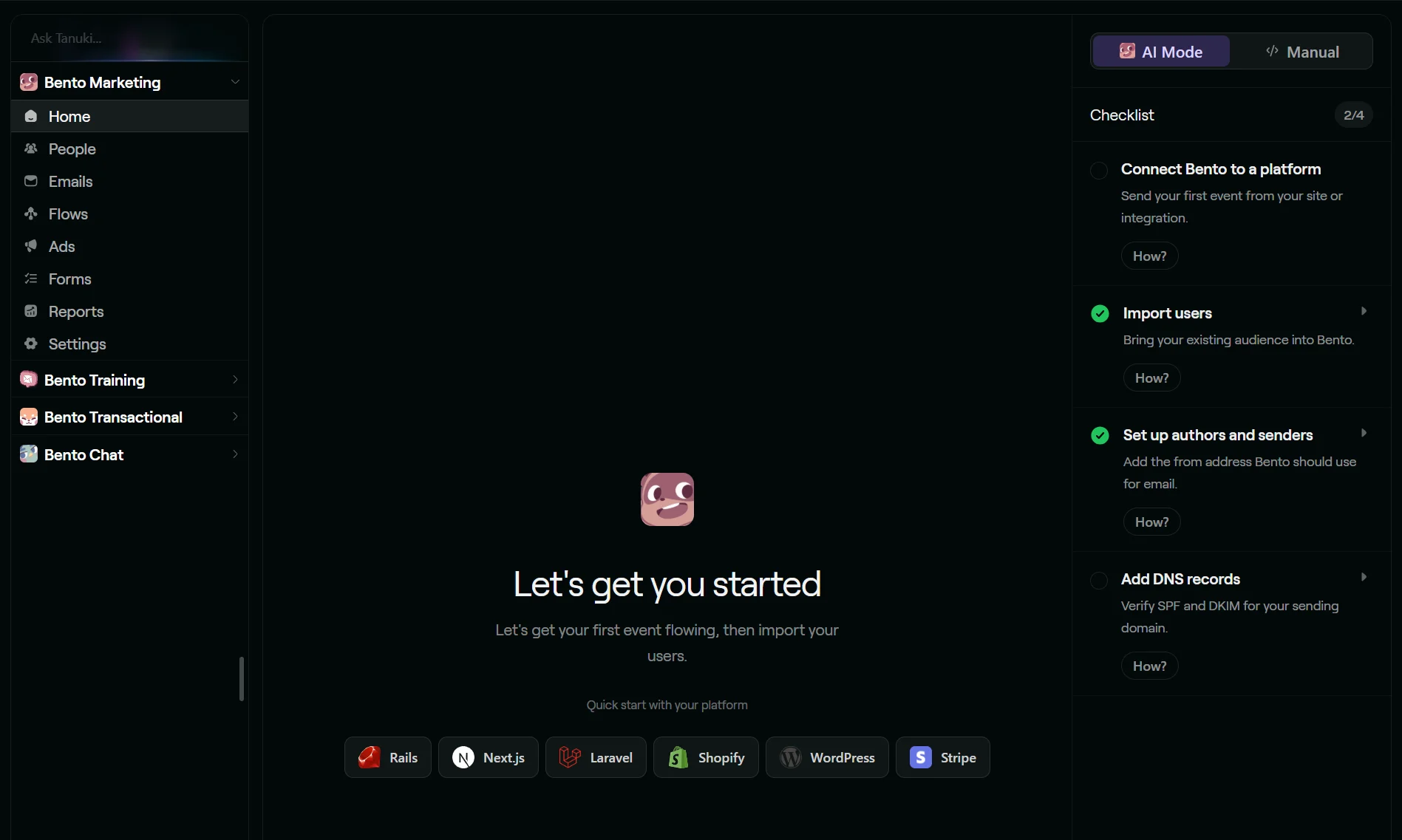 Bento dashboard starter screen with menu on the left, setup checklist on the right, and platform icons at the bottom.