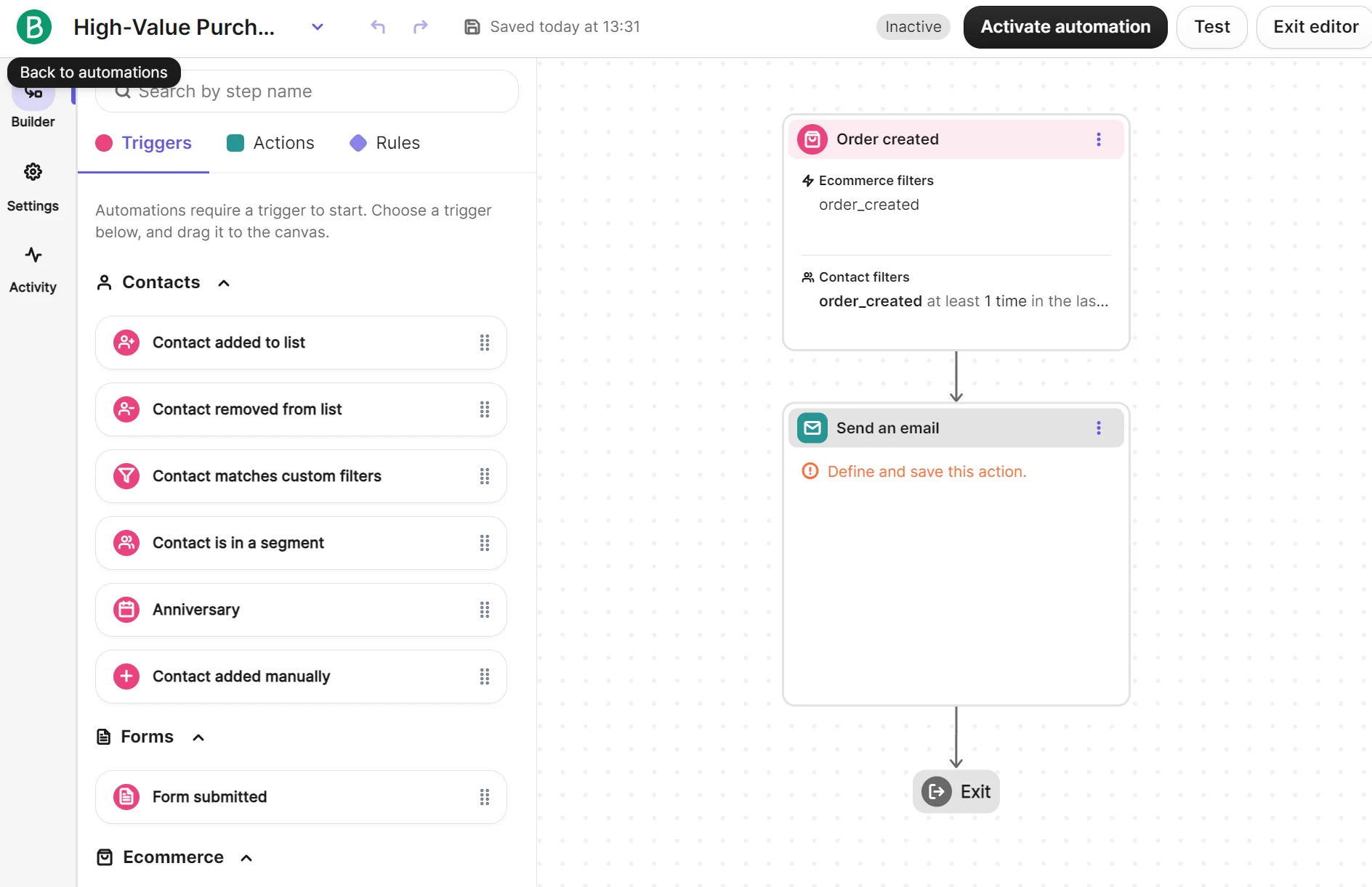 Order created triggers sending an email (action not defined yet), then the automation ends, waiting for email action setup.