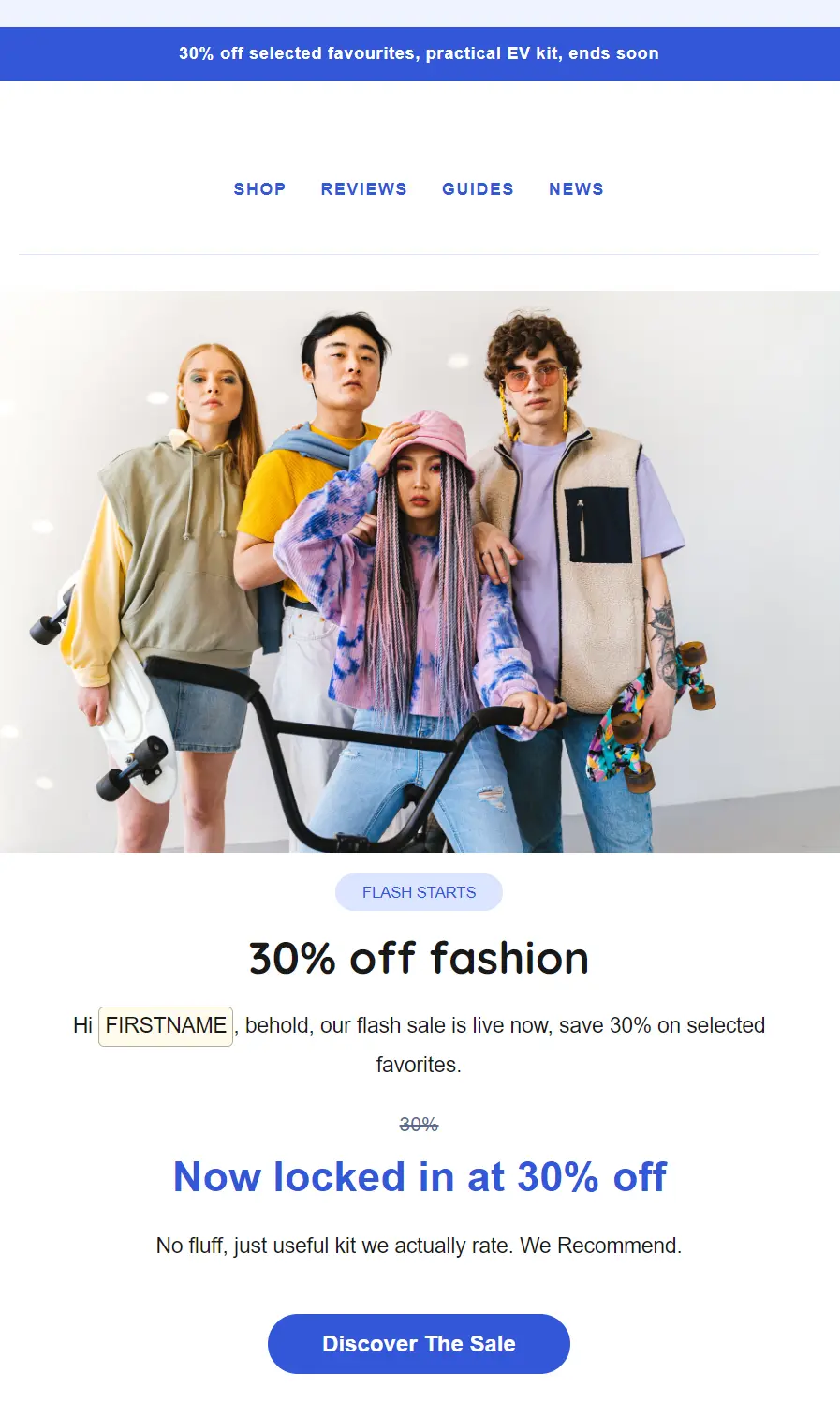 Four people pose in casual, colorful outfits with a scooter and bike, promoting a 30% off fashion sale.