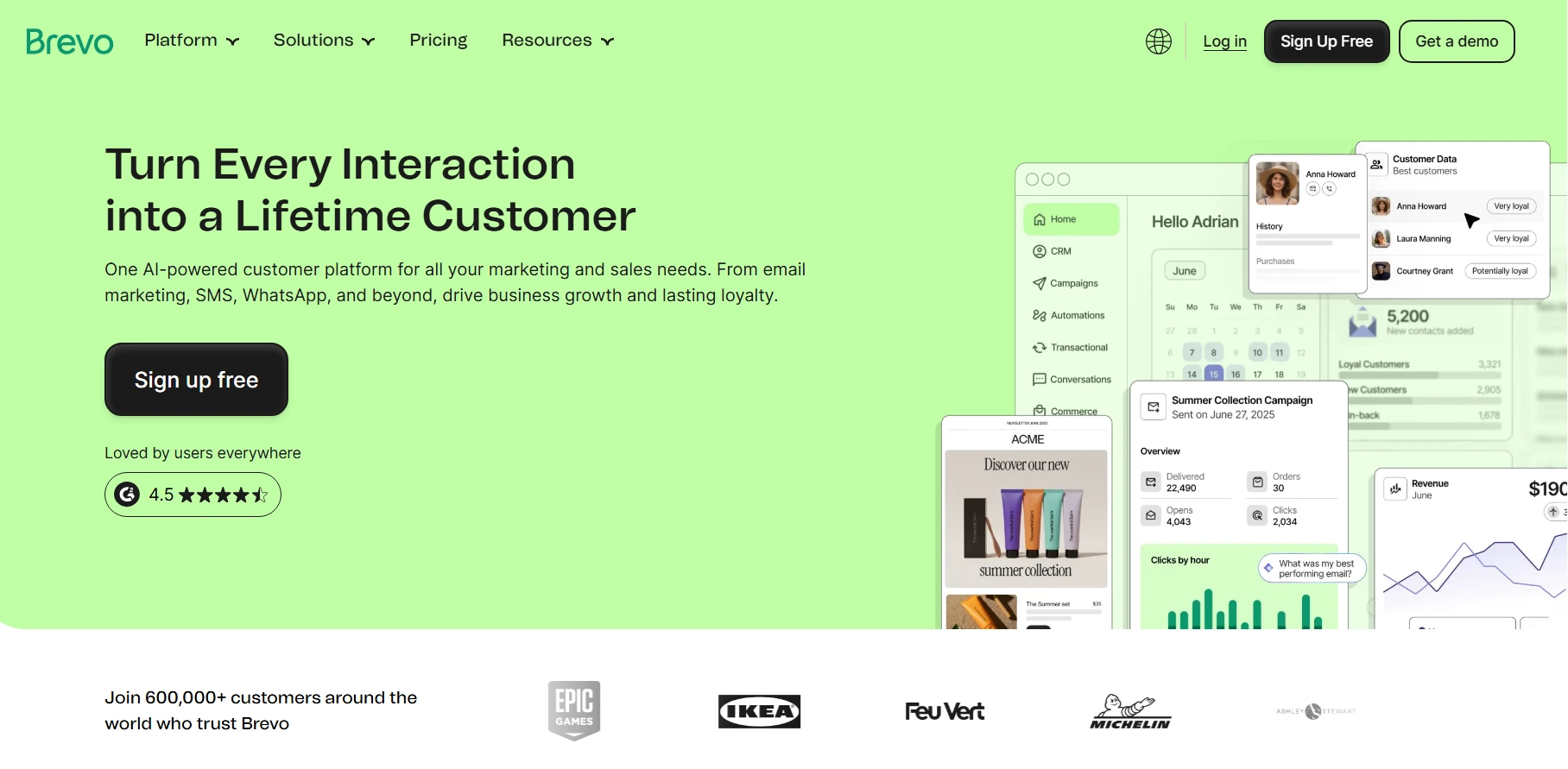 Brevo homepage with green background, marketing tools interface, user rating, and partner logos at the bottom.