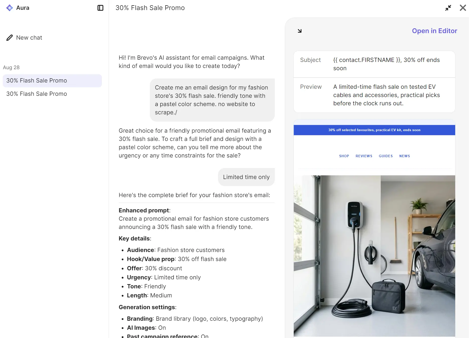 A dashboard displays an email campaign editor for a 30% fashion sale promo with preview and editing options visible.