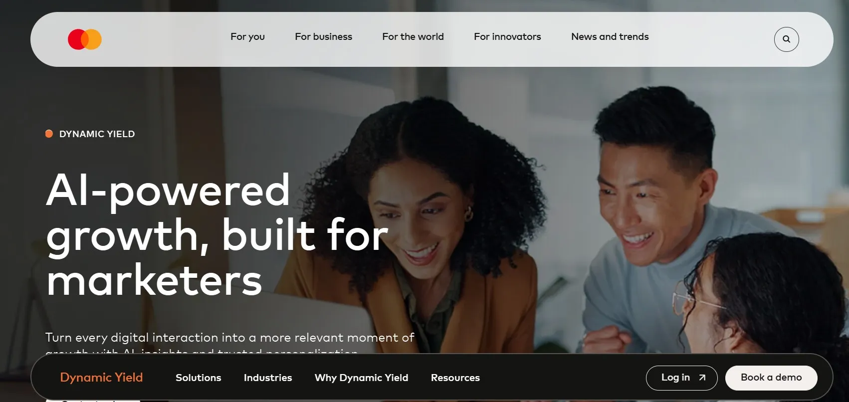 Two people smile and look at a laptop screen; text reads AI-powered growth, built for marketers..