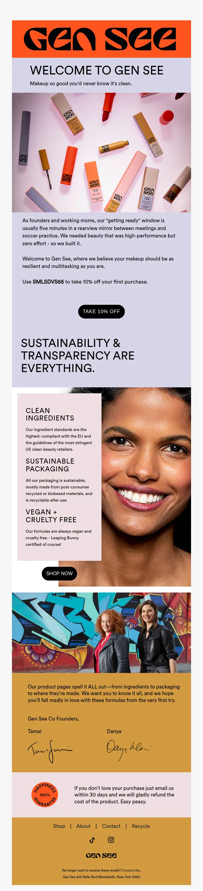 Flat lay of Gen See makeup products, founder portraits, and text about clean, vegan, and sustainable beauty practices.