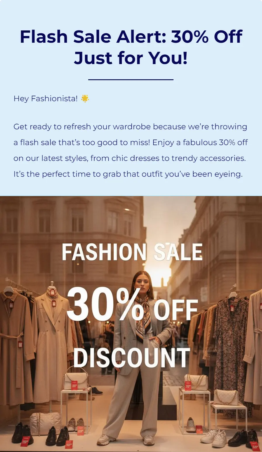 Woman standing in clothing store with Fashion Sale 30% Off Discount sign, surrounded by racks of clothes.