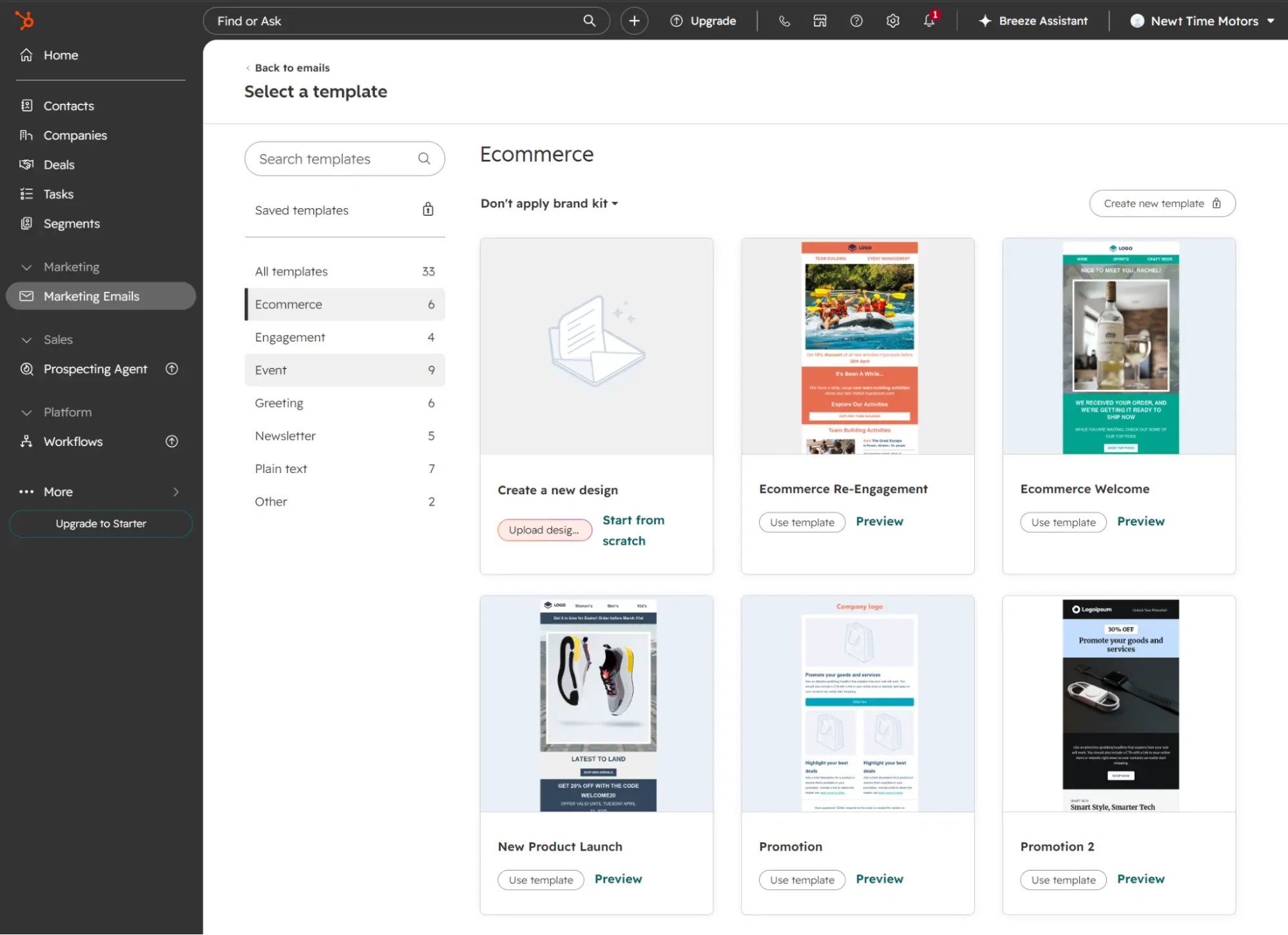 A dashboard displays ecommerce email templates, including options for re-engagement, welcome, product launch, and promotions.