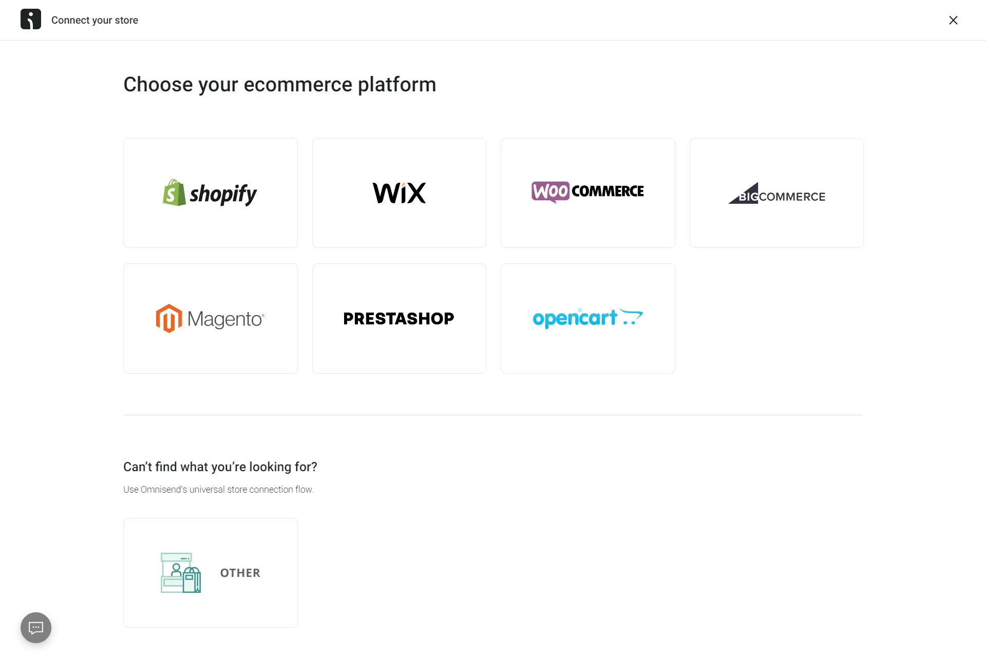 Options to choose an ecommerce platform, including Shopify, Wix, WooCommerce, and others.