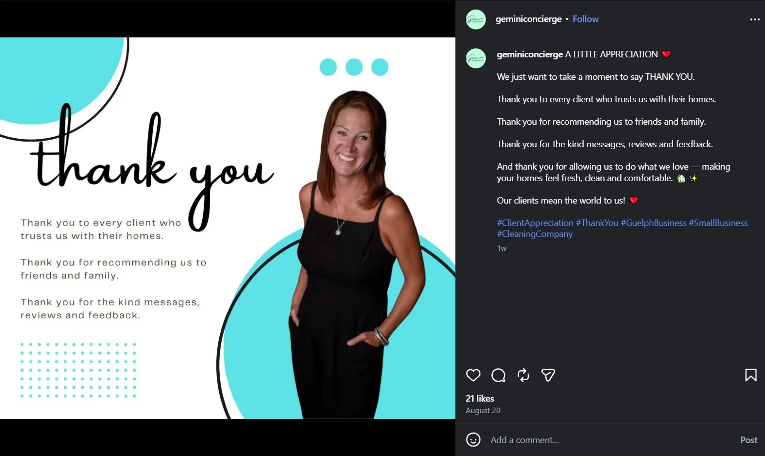 Smiling woman in a black dress stands next to a thank you message on a white and teal graphic background.