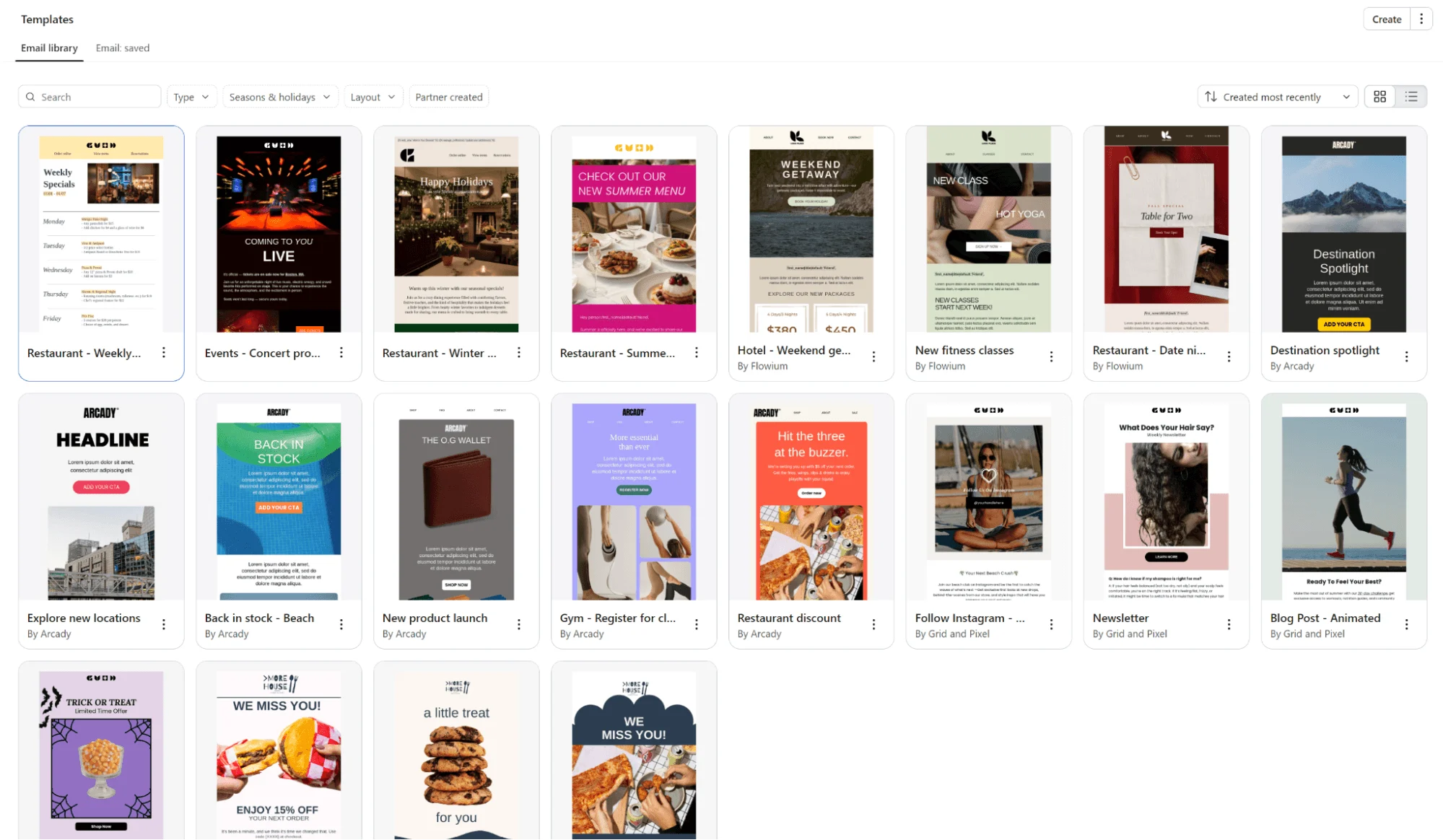 A grid of email newsletter templates with various themes and designs.