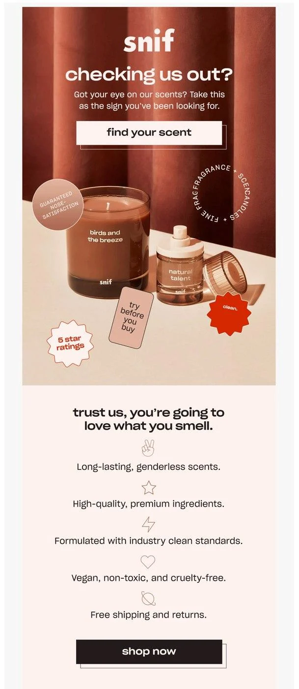 Snif perfume and candle displayed with product details, customer ratings, and key selling points on a promotional banner.
