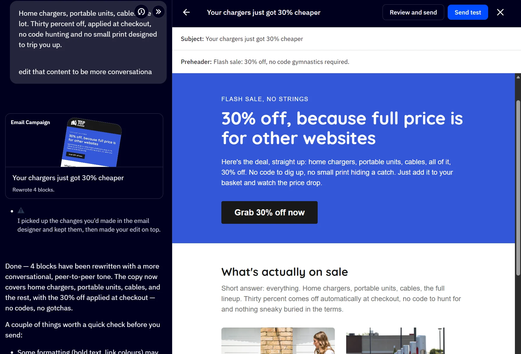 An email campaign editor showing a marketing email offering 30% off chargers and portable units.