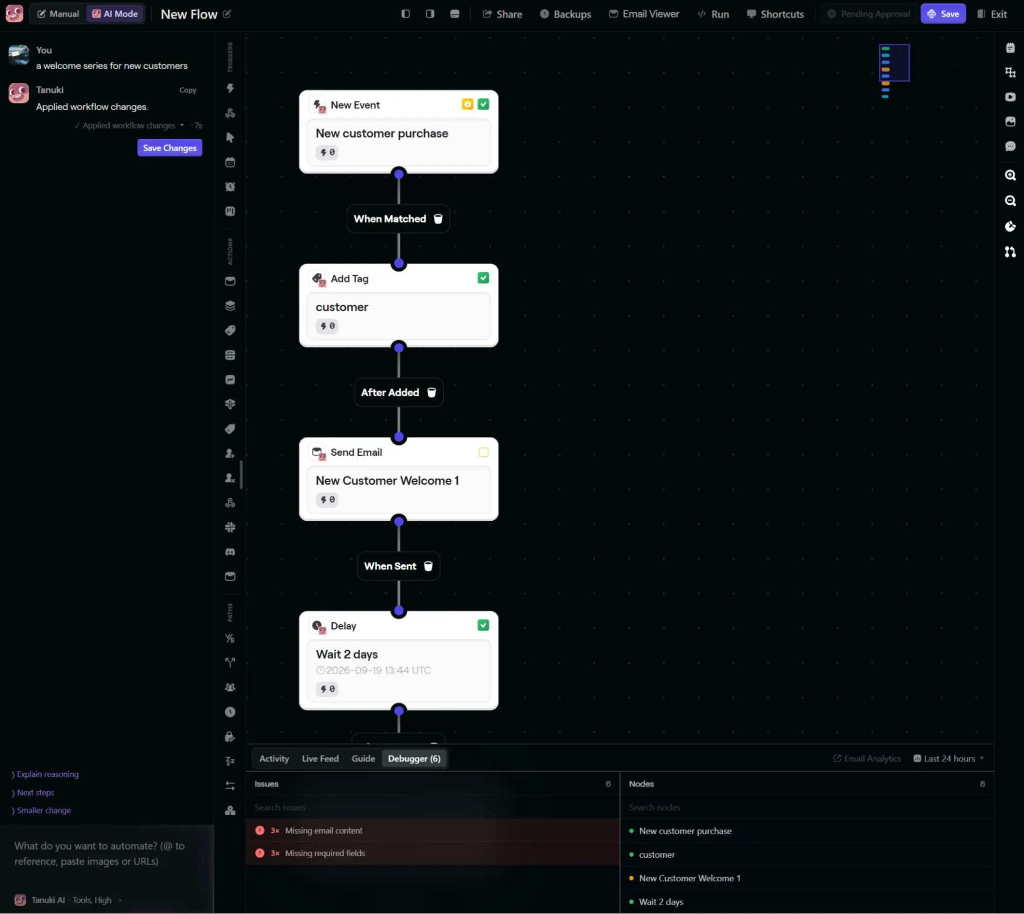 Workflow editor showing an automated sequence: new event, add tag, send email, and wait steps on a dark interface.