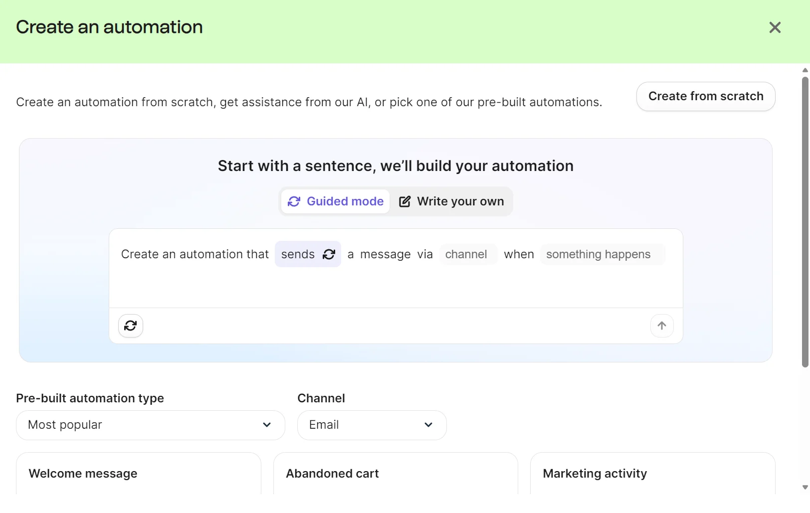 Automation creation screen showing options to customize automations, with guided and manual setup modes.