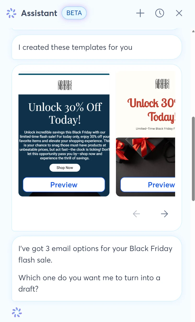 Email templates offering 30% off for Black Friday are displayed with Shop Now and Preview buttons below each.