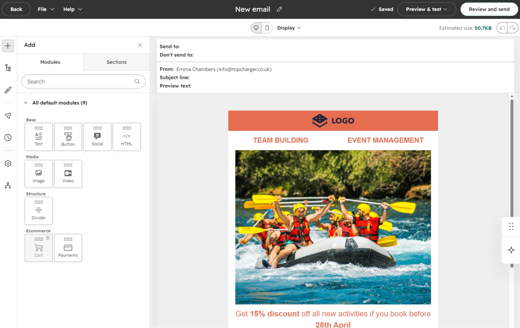 New email builder with the preview on the right and the building blocks on the left.
