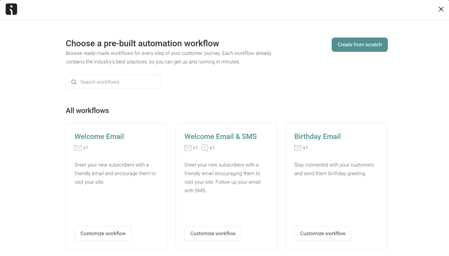 Screen showing options to create automation workflows for Welcome Email, Welcome Email & SMS, and Birthday Email.