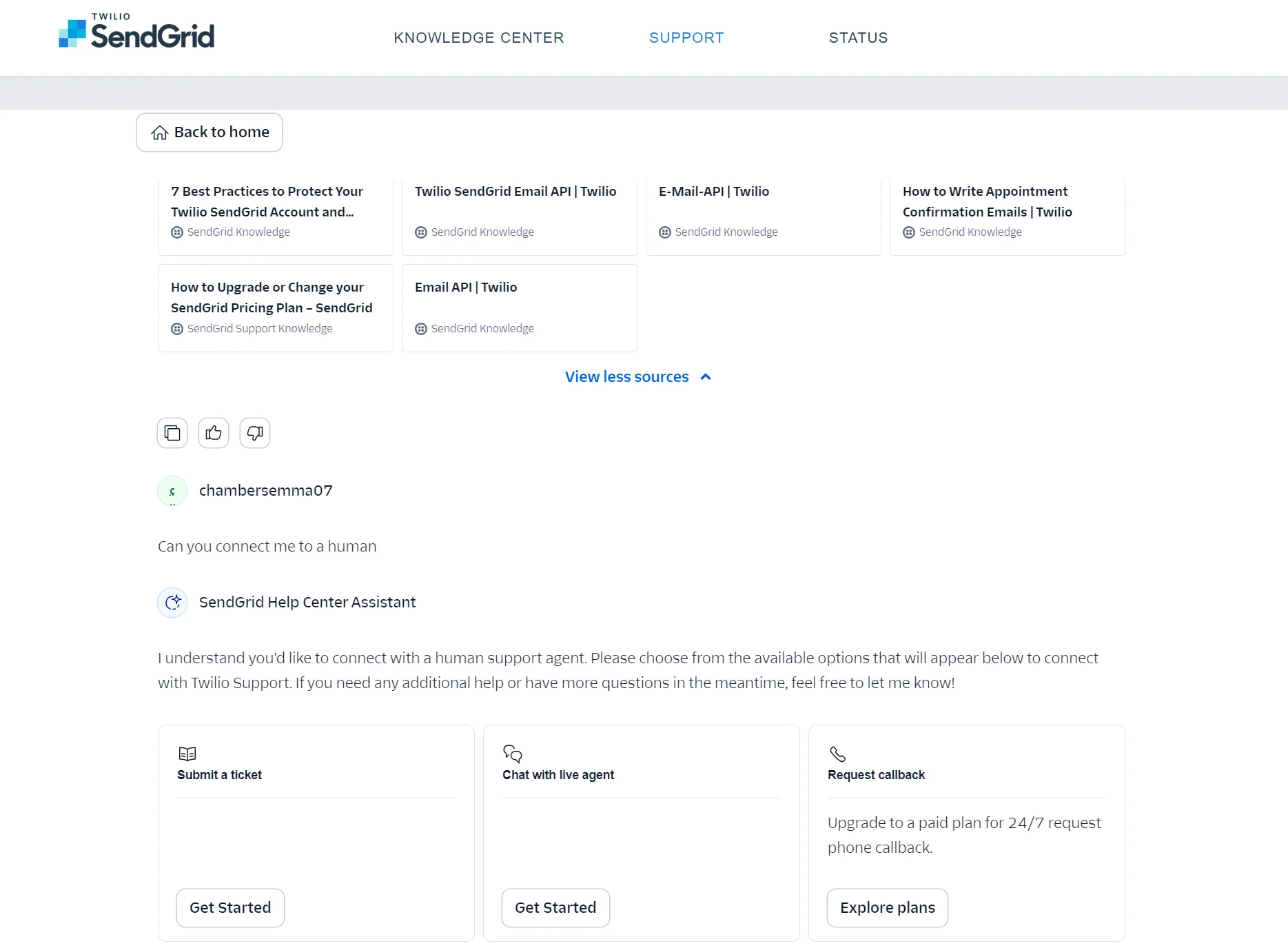 SendGrid support page showing help articles, assistant chat, and options to connect with human support or request a callback.