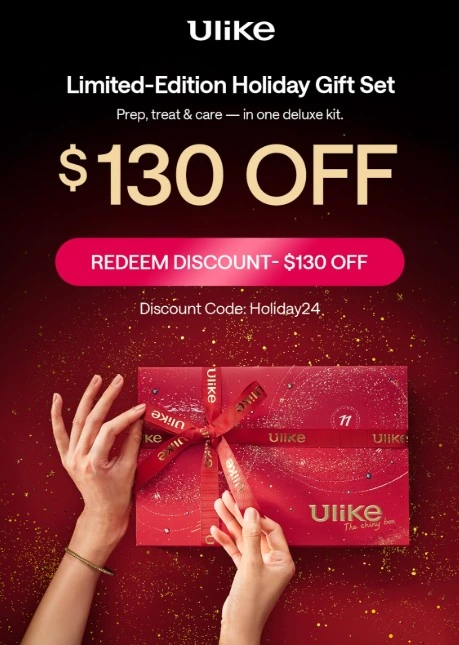 Hands holding a red Ulike gift box with $130 off holiday gift set promotion and a discount code, Holiday24..