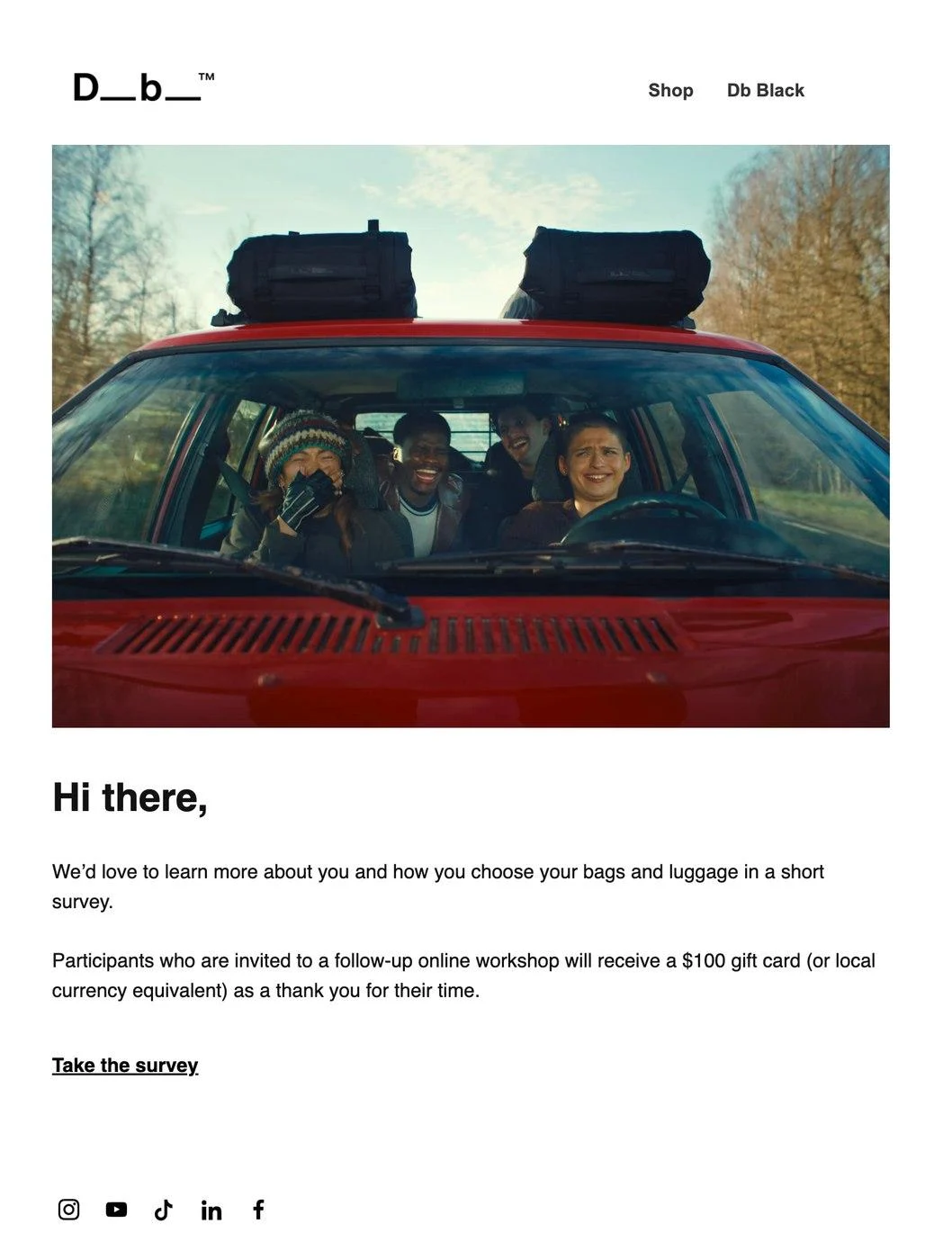 An email showing five people smiling in a red car with luggage on the roof, and asking to take a survey about the products.