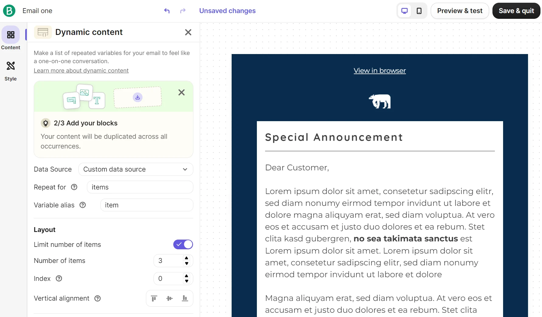 Email editor interface showing a dynamic content block and a preview of a special announcement email template.